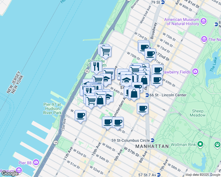 map of restaurants, bars, coffee shops, grocery stores, and more near 248 West 64th Street in New York
