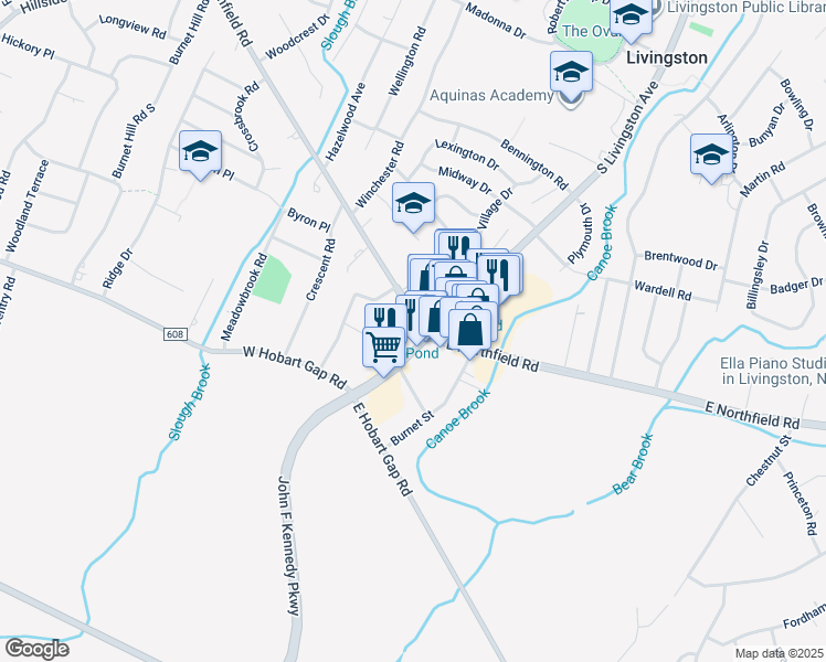 map of restaurants, bars, coffee shops, grocery stores, and more near 9 West Northfield Road in Livingston