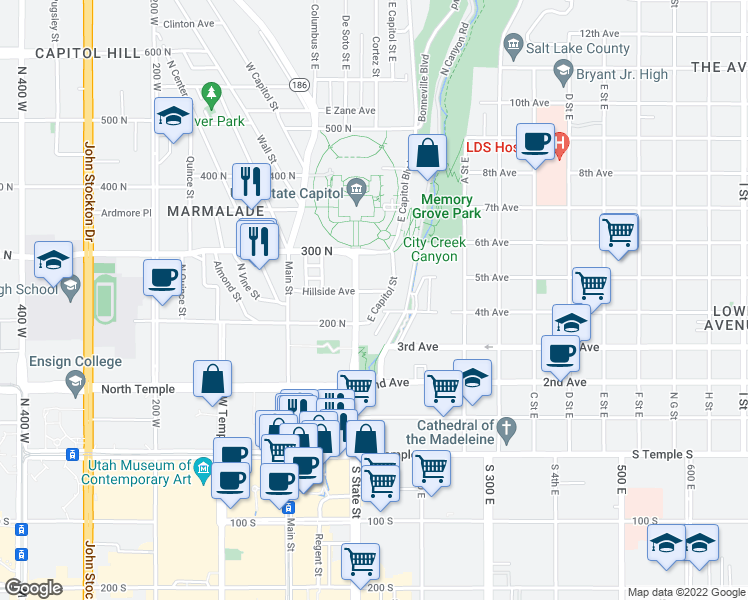 map of restaurants, bars, coffee shops, grocery stores, and more near 235 East Capitol Street in Salt Lake City