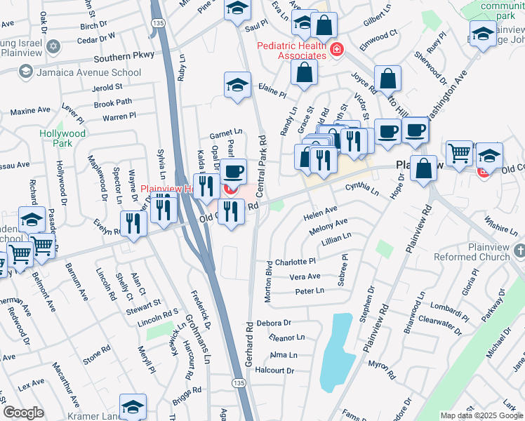 map of restaurants, bars, coffee shops, grocery stores, and more near 885-899 Old Country Road in Plainview