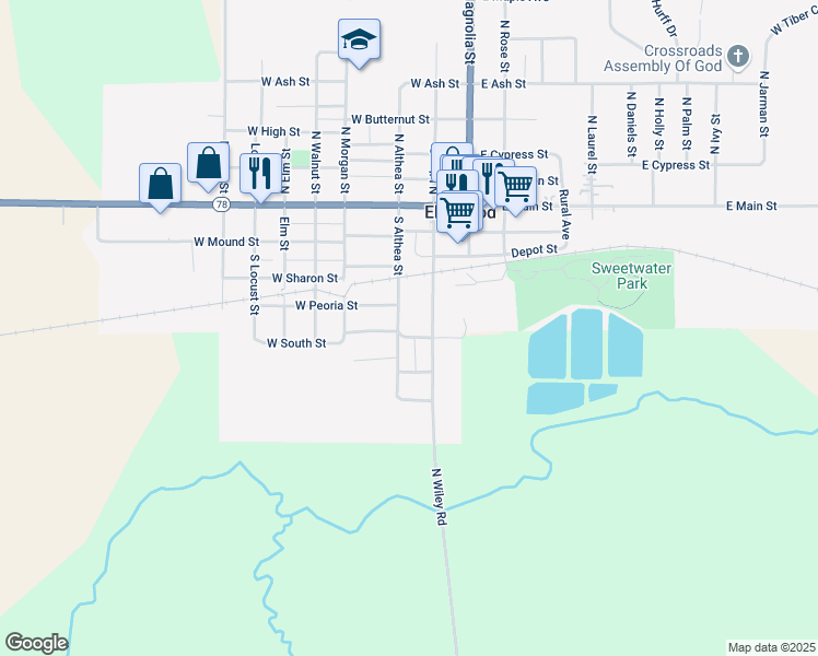 map of restaurants, bars, coffee shops, grocery stores, and more near 509 South Althea Street in Elmwood