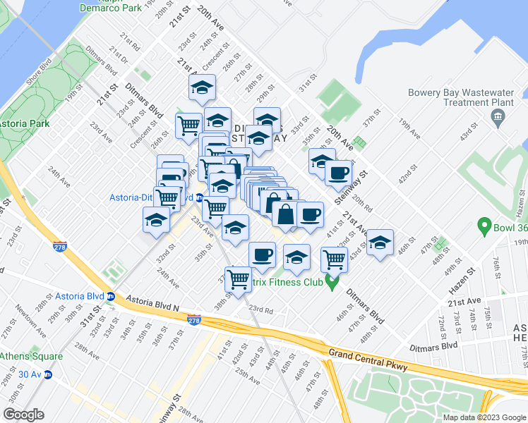 map of restaurants, bars, coffee shops, grocery stores, and more near Ditmars Blvd & 36th St in Queens