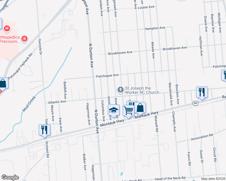 map of restaurants, bars, coffee shops, grocery stores, and more near 516 Americus Avenue in East Patchogue