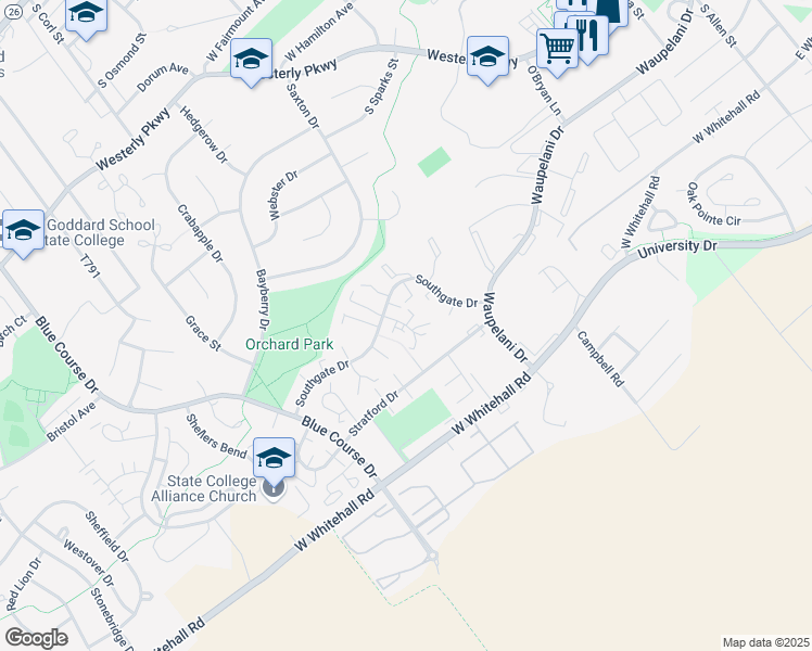 map of restaurants, bars, coffee shops, grocery stores, and more near 1655 Highlandon Court in State College
