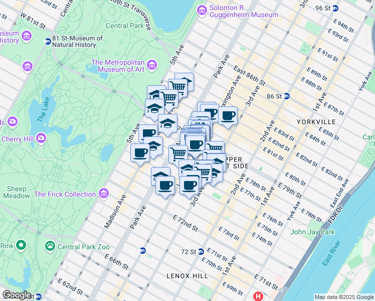 map of restaurants, bars, coffee shops, grocery stores, and more near 108 East 78th Street in New York