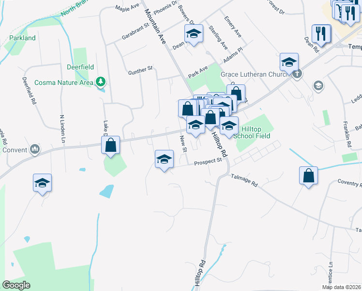 map of restaurants, bars, coffee shops, grocery stores, and more near 1 New Street in Mendham