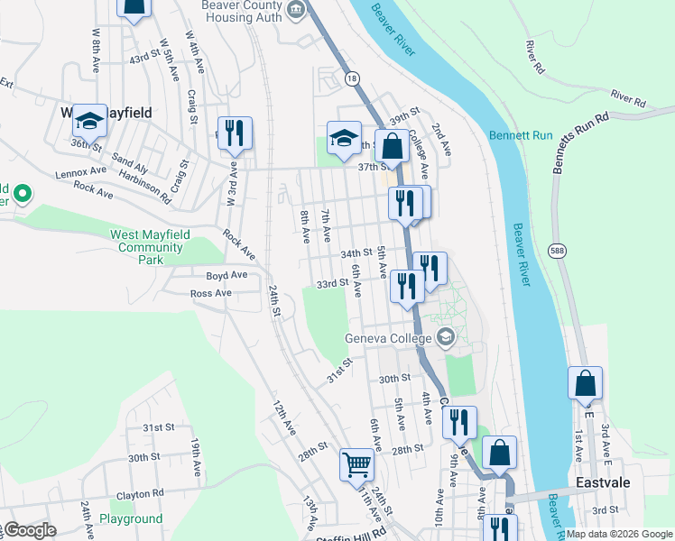 map of restaurants, bars, coffee shops, grocery stores, and more near 3315 7th Avenue in Beaver Falls