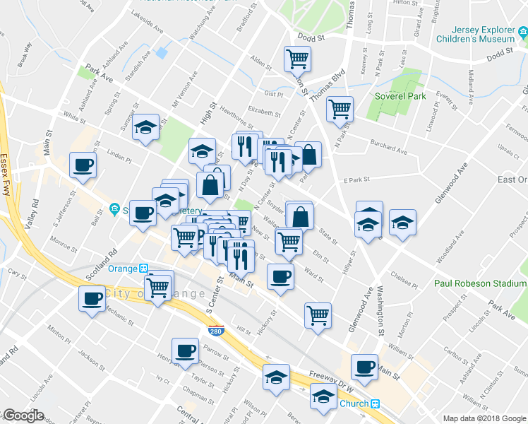 map of restaurants, bars, coffee shops, grocery stores, and more near 245 Wallace Street in City of Orange