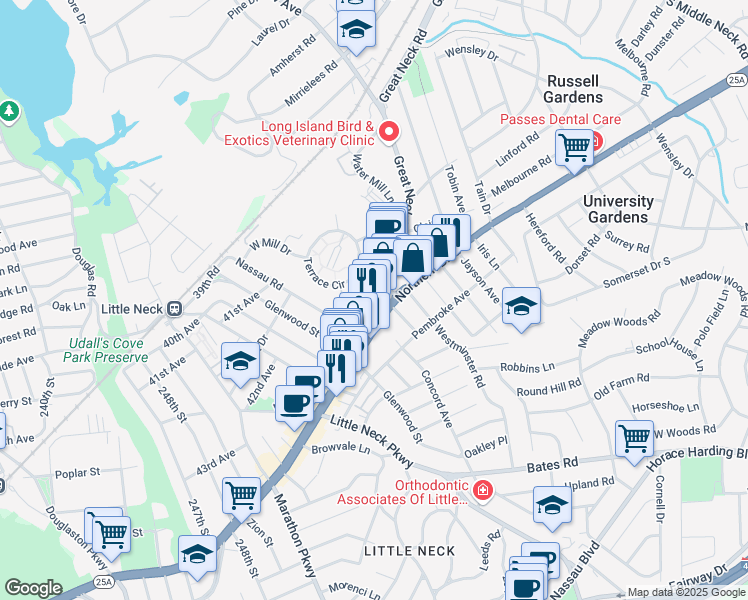 map of restaurants, bars, coffee shops, grocery stores, and more near 509 Great Neck Road in Great Neck