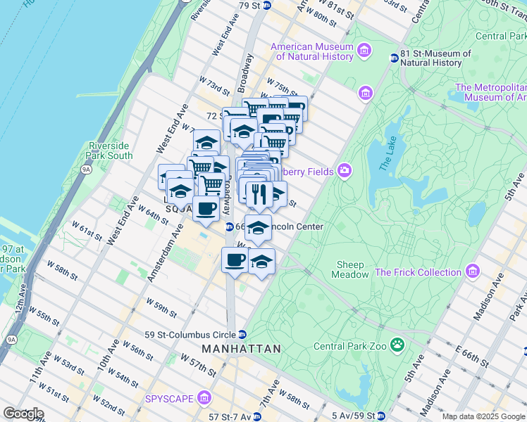 map of restaurants, bars, coffee shops, grocery stores, and more near 67 West 68th Street in New York