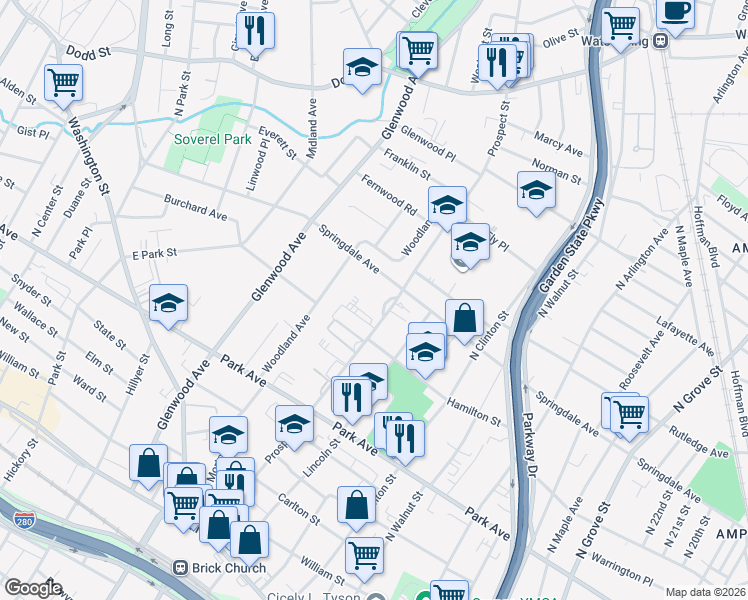 map of restaurants, bars, coffee shops, grocery stores, and more near 275 Prospect Street in East Orange