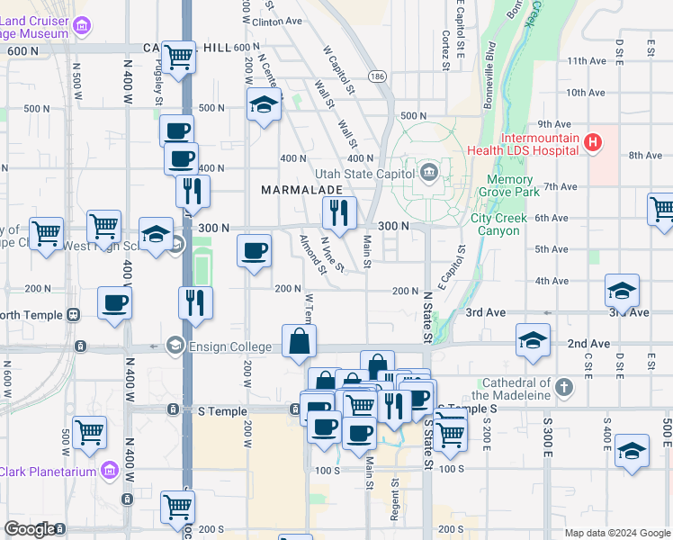 map of restaurants, bars, coffee shops, grocery stores, and more near 241 North Vine Street in Salt Lake City