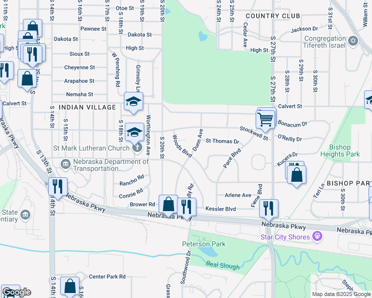 map of restaurants, bars, coffee shops, grocery stores, and more near 3944 Woods Boulevard in Lincoln