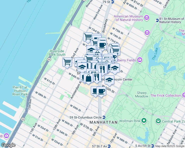map of restaurants, bars, coffee shops, grocery stores, and more near West 66th Street in New York