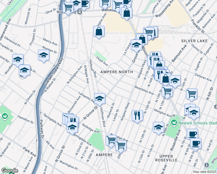 map of restaurants, bars, coffee shops, grocery stores, and more near 465 Abington Avenue in Bloomfield