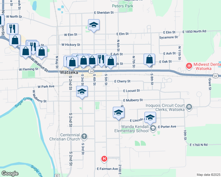 map of restaurants, bars, coffee shops, grocery stores, and more near 310 East Locust Street in Watseka