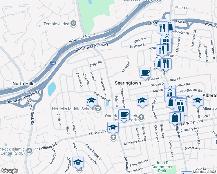 map of restaurants, bars, coffee shops, grocery stores, and more near 67 Searingtown Road in Albertson