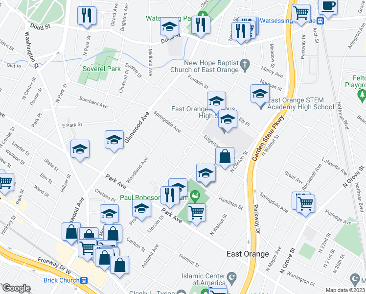 map of restaurants, bars, coffee shops, grocery stores, and more near 275 Prospect Street in East Orange