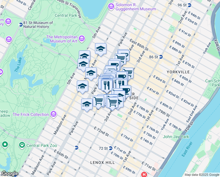 map of restaurants, bars, coffee shops, grocery stores, and more near 1129 Lexington Avenue in New York