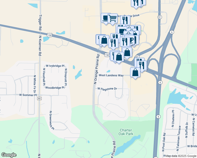 map of restaurants, bars, coffee shops, grocery stores, and more near North Thomas Davis Drive in Peoria