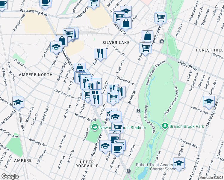 map of restaurants, bars, coffee shops, grocery stores, and more near 552 North 9th Street in Newark
