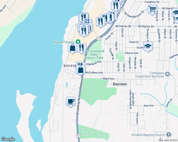 map of restaurants, bars, coffee shops, grocery stores, and more near 1606 McCullen Avenue in Eureka