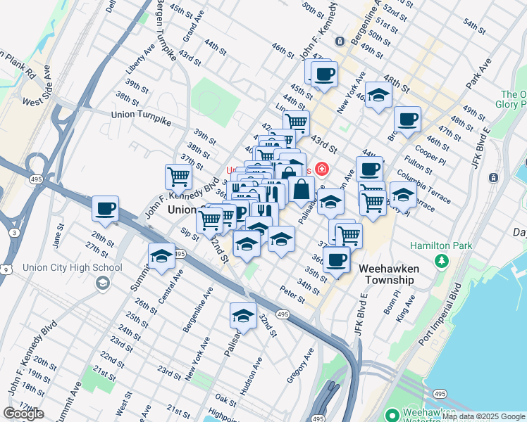 map of restaurants, bars, coffee shops, grocery stores, and more near 415 37th Street in Union City