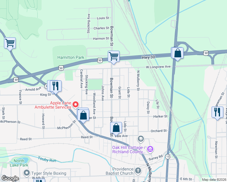 map of restaurants, bars, coffee shops, grocery stores, and more near 572 Bowman Street in Mansfield