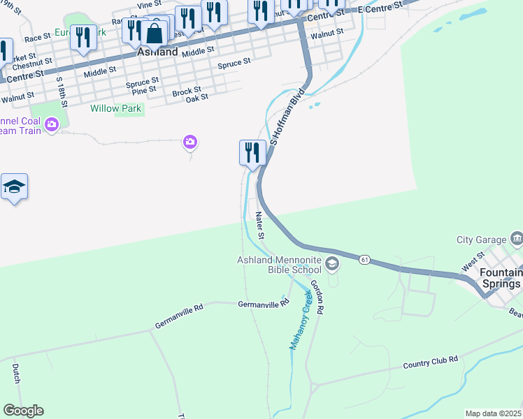 map of restaurants, bars, coffee shops, grocery stores, and more near 32 Nater Street in Ashland