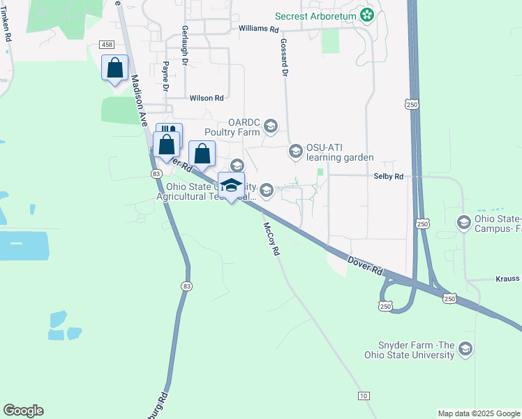 map of restaurants, bars, coffee shops, grocery stores, and more near Township Highway 10 in Wooster