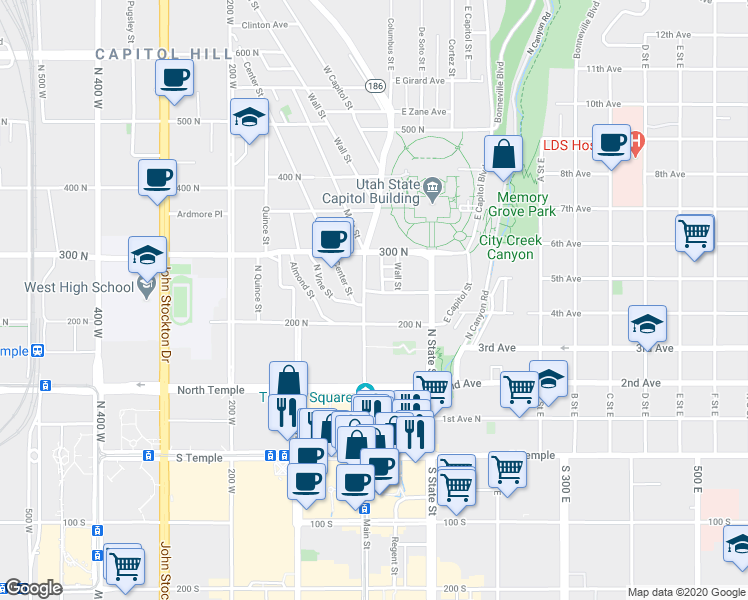 map of restaurants, bars, coffee shops, grocery stores, and more near 222 Main Street in Salt Lake City