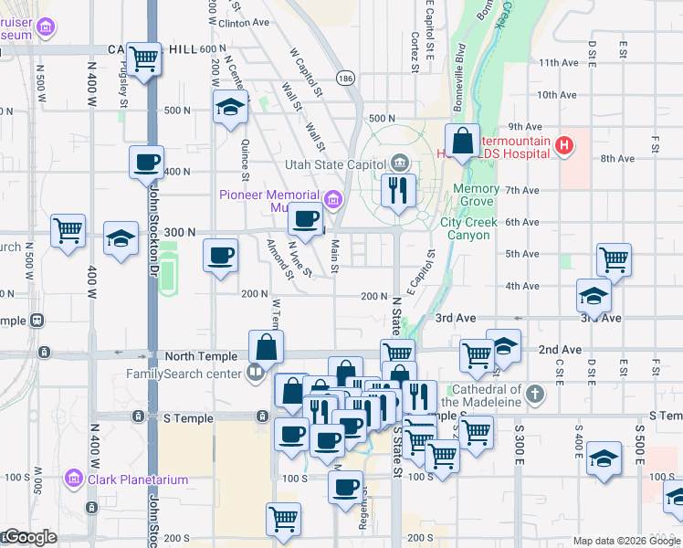 map of restaurants, bars, coffee shops, grocery stores, and more near 222 Main Street in Salt Lake City