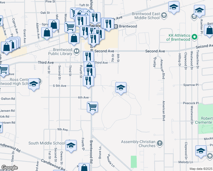 map of restaurants, bars, coffee shops, grocery stores, and more near 2096-2498 South 5th Avenue in Brentwood