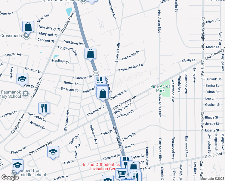 map of restaurants, bars, coffee shops, grocery stores, and more near 9 Kussoth Street in Deer Park