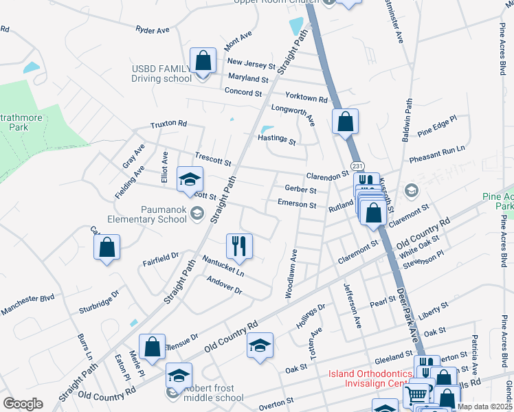 map of restaurants, bars, coffee shops, grocery stores, and more near 9 Arcadia Drive in Dix Hills