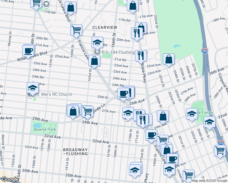 map of restaurants, bars, coffee shops, grocery stores, and more near 166-31 25th Avenue in Queens