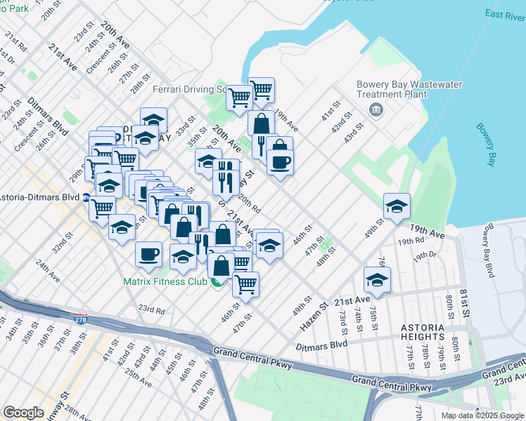map of restaurants, bars, coffee shops, grocery stores, and more near 41-08 20th Road in Queens