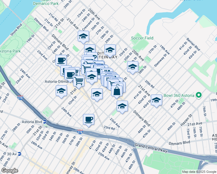 map of restaurants, bars, coffee shops, grocery stores, and more near in Queens