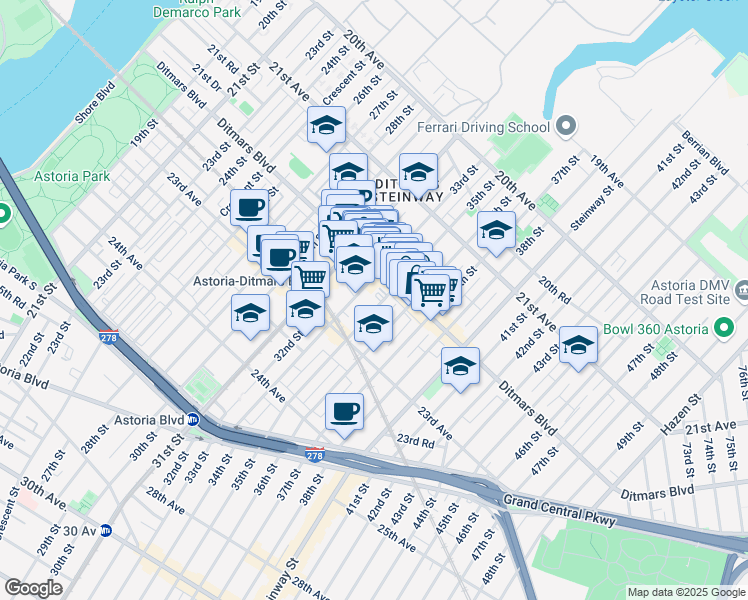 map of restaurants, bars, coffee shops, grocery stores, and more near 33-12 Ditmars Boulevard in Queens