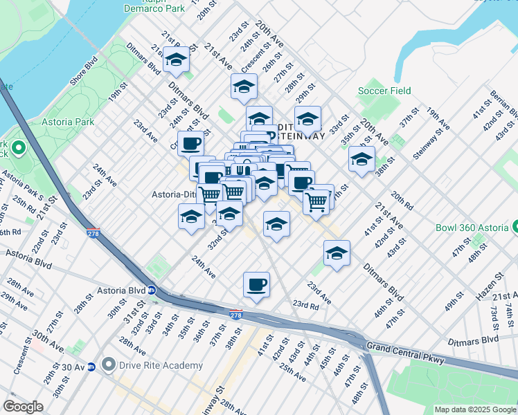 map of restaurants, bars, coffee shops, grocery stores, and more near 22-48 33rd Street in Queens