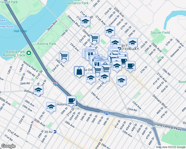 map of restaurants, bars, coffee shops, grocery stores, and more near 23-41 28th Street in Queens