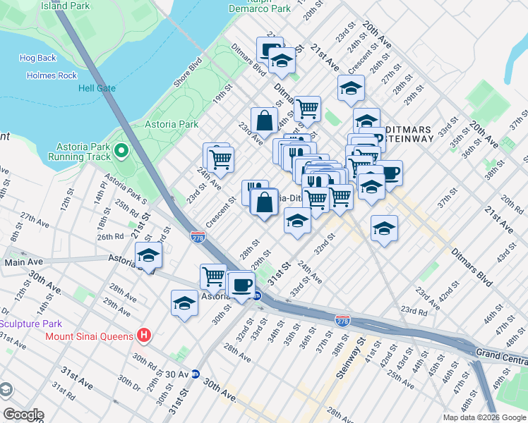 map of restaurants, bars, coffee shops, grocery stores, and more near 23-71 27th Street in Queens