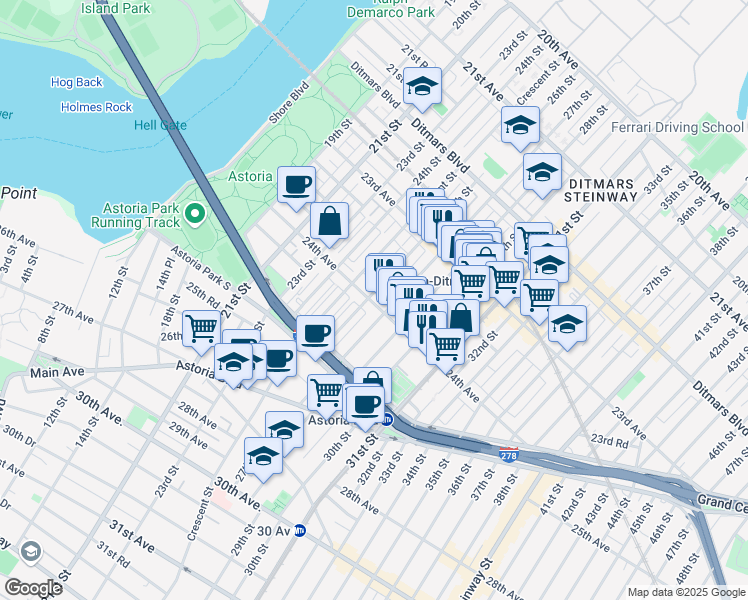 map of restaurants, bars, coffee shops, grocery stores, and more near 23-90 26th Street in Queens