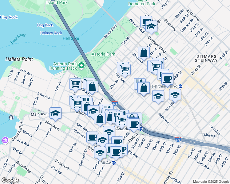 map of restaurants, bars, coffee shops, grocery stores, and more near in Queens