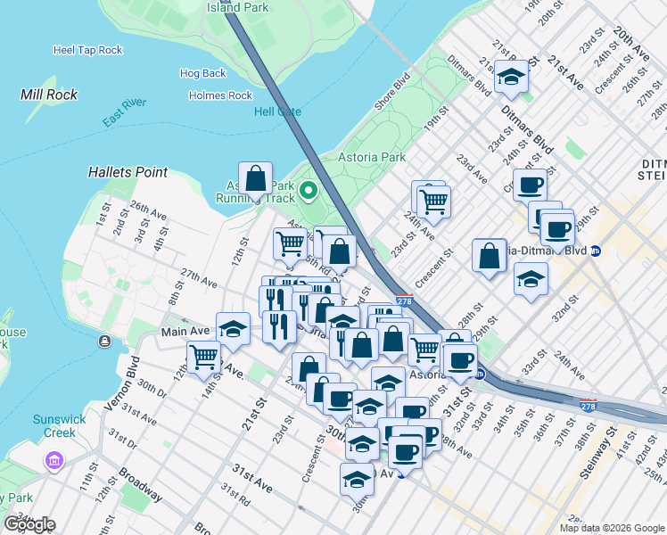 map of restaurants, bars, coffee shops, grocery stores, and more near 25-06 21st Street in Queens