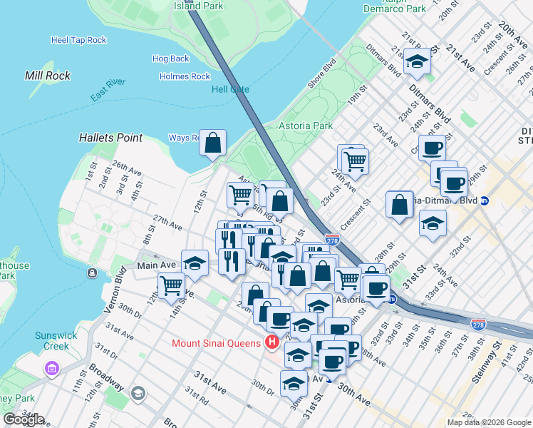 map of restaurants, bars, coffee shops, grocery stores, and more near 25-06 21st Street in Queens
