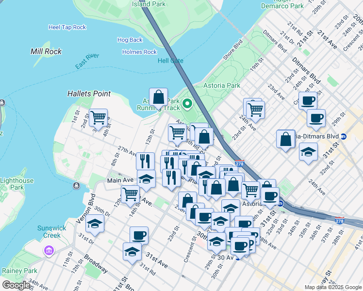 map of restaurants, bars, coffee shops, grocery stores, and more near 18-16 25th Road in Queens