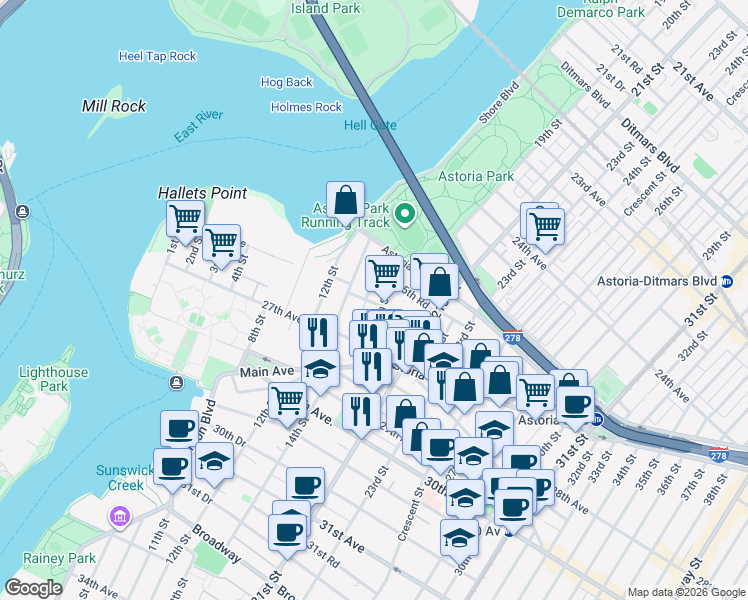 map of restaurants, bars, coffee shops, grocery stores, and more near 25-54 14th Place in Queens