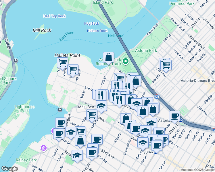 map of restaurants, bars, coffee shops, grocery stores, and more near 26-15 12th Street in Queens