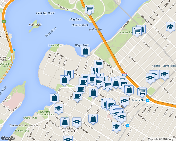 map of restaurants, bars, coffee shops, grocery stores, and more near 26-15 12th Street in Queens